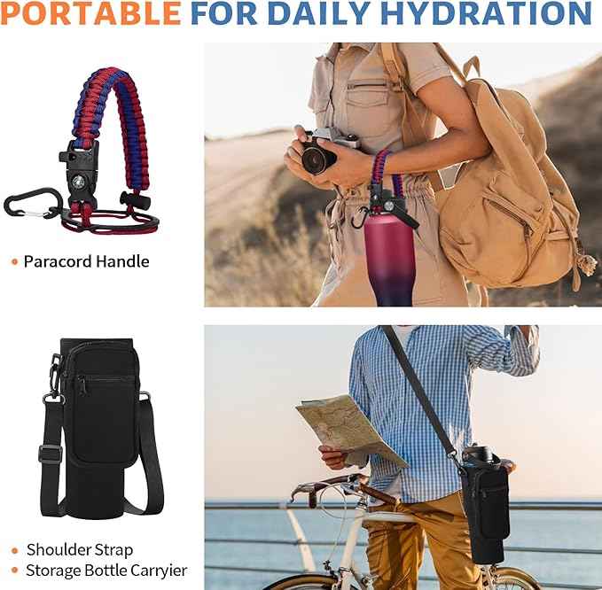 Insulated Water Bottle 40 oz - Fits in any Car Cup Holder, Keep Cold 48H Hot 24H, Stainless Steel Waterbottle Double Wall Flask with Straw, Pop-up Spout Lid, Paracord Handle, Carrier Bag