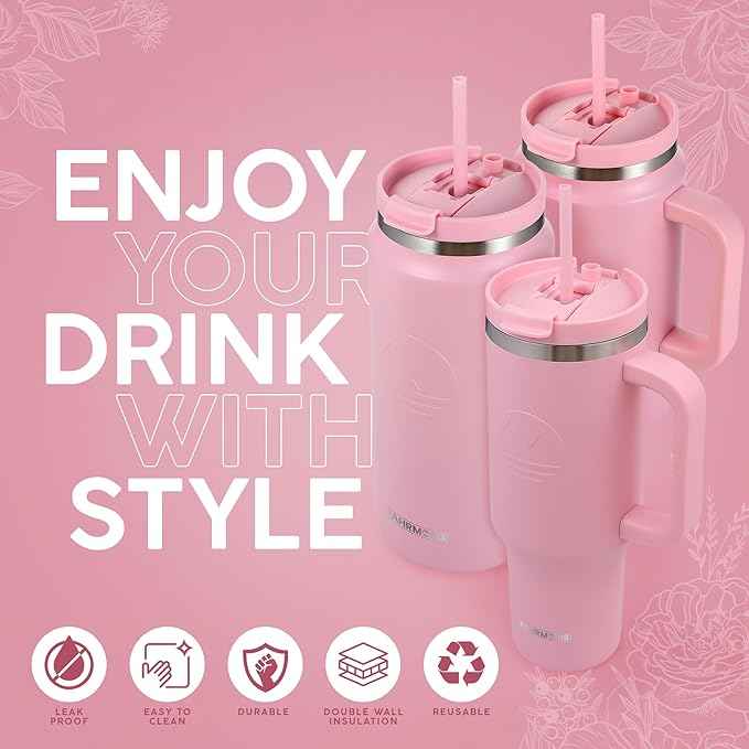 FAHRMOSIS 40 Oz Tumbler with Handle and Straw Insulated Cup that Fits in Cup Holder for Hot & Cold Drinks Leak Proof Tumbler with Straw Stainless Steel Travel Mug for Men & Women - Pink