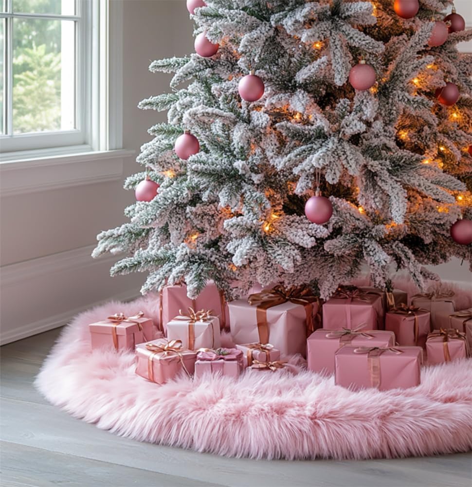 AOGU 48 Inch Faux Fur Christmas Tree Skirt Pink Plush Skirt for Merry Christmas Party Christmas Tree Decoration