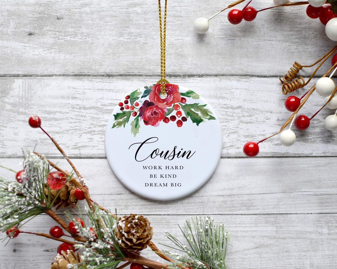 Andaz Press Round Ceramic Porcelain Christmas Tree Ornament Keepsake Gift for Cousins, Cousin Work Hard Be Kind Dream Big, 1-Pack, Includes Ribbon and Gift Box