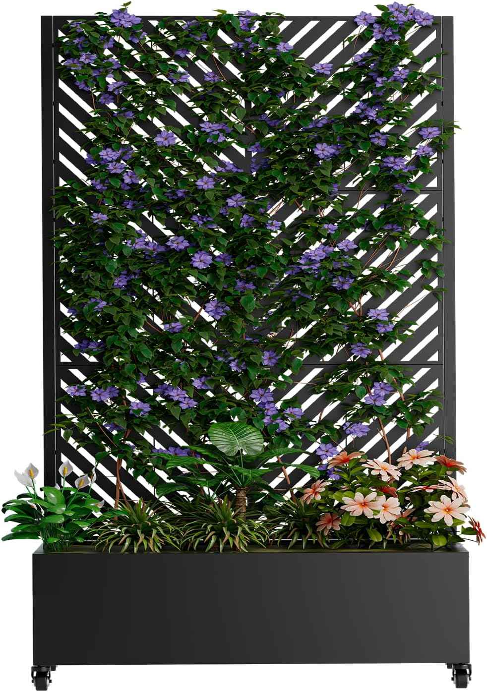 Metal Planter Box with Trellis and Wheels, 73"x47"x16" Galvanized Steel Raised Garden Bed with Drainage Holes, Outdoor Planter with Privacy Screen Function for Climbing Plants and Vines, Black