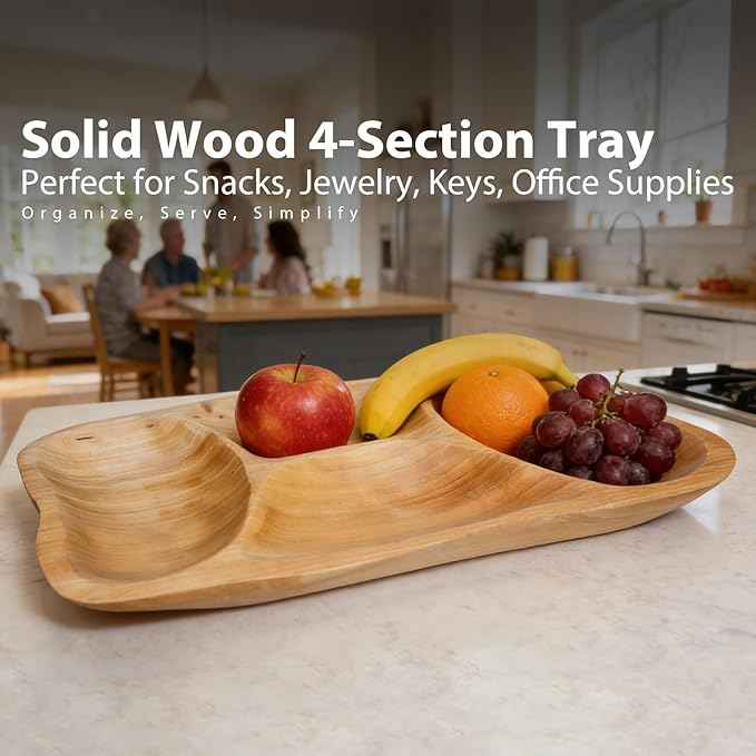 BTEOBFY Natural Wood 4-Compartment Divided Fruit Tray, Live Edge Handmade Serving Platter for Snacks, Sandwiches, Appetizers, Unique Hand-Carved Rustic Design