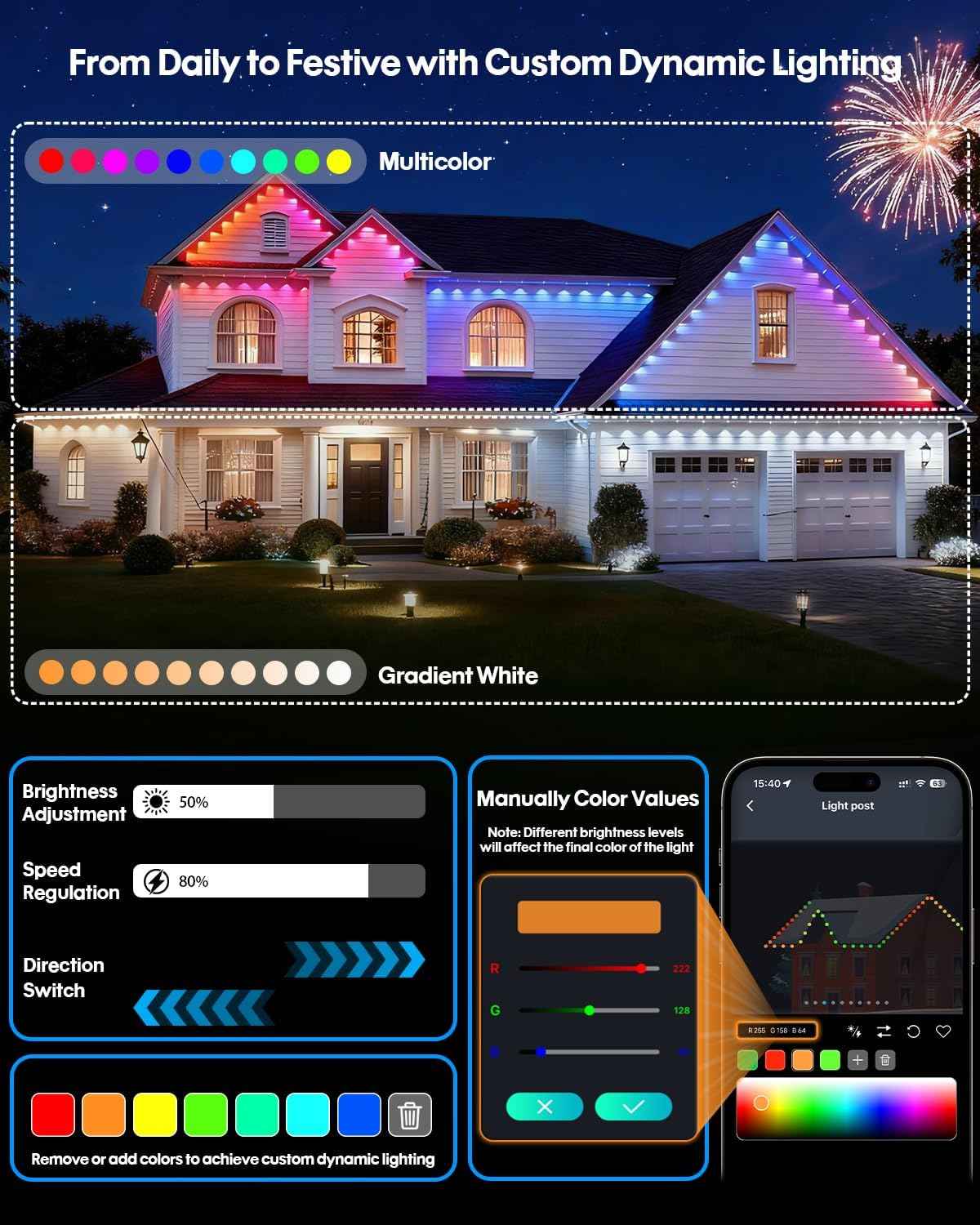 Super RGB Permanent Outdoor Lights 50FT, Smart RGB+IC Eave Lights with Remote APP Control, DIY LED Color Individual, White & Colorful Christmas String Light, IP67 Waterproof for House Outside Decor