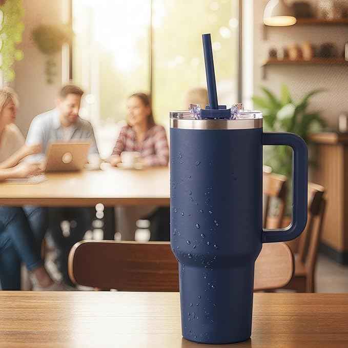 COKTIK 40 oz Tumbler With Handle and Straw, Insulated Tumbler With Leakproof Lids, Stainless Steel|BPA-Free, Cold for 24 H (Navy)