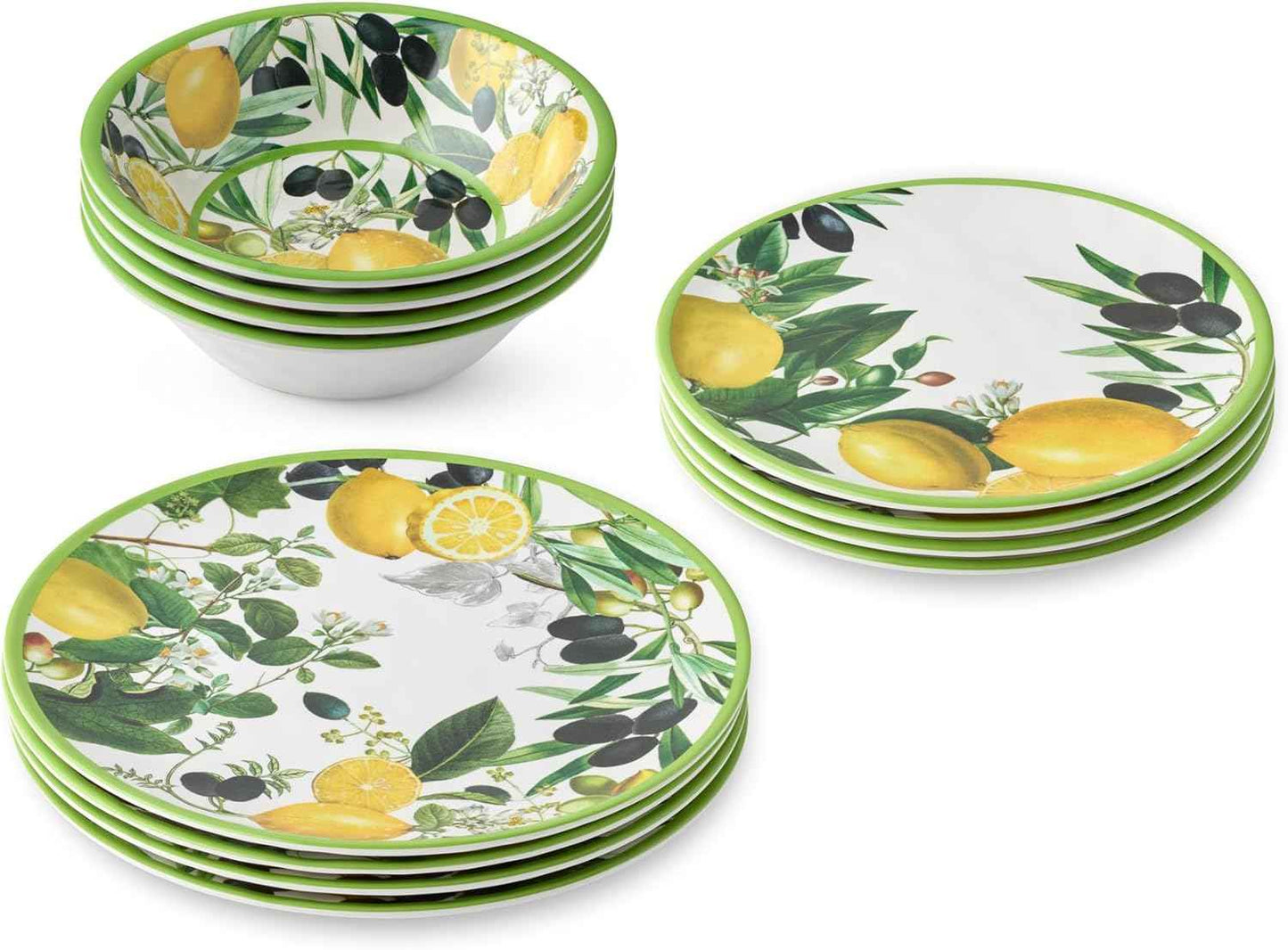 Limone 12-Piece Melamine Dinnerware Set - Citrus-Inspired, Service for 4, Durable, Shatterproof, Dishwasher-Safe Plates and Bowls for Everyday Dining, Outdoor Use, and Entertaining