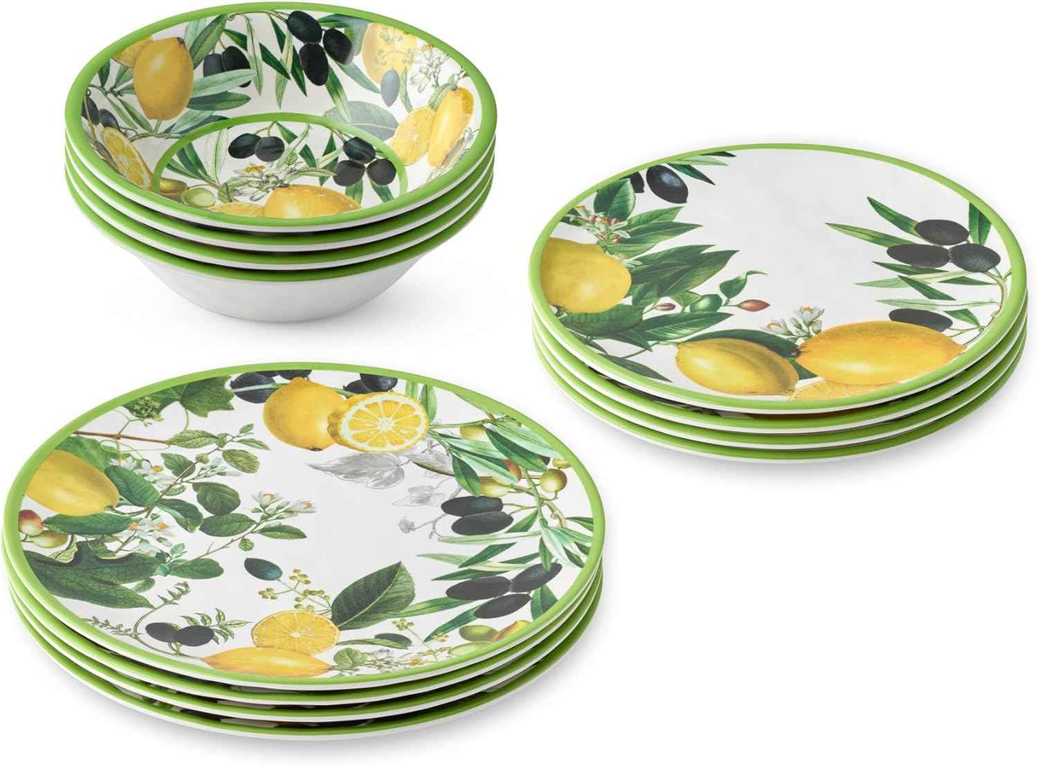 Limone 12-Piece Melamine Dinnerware Set - Citrus-Inspired, Service for 4, Durable, Shatterproof, Dishwasher-Safe Plates and Bowls for Everyday Dining, Outdoor Use, and Entertaining
