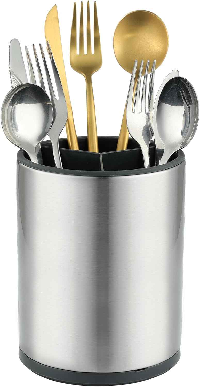 kitchen Utensil Holder Counter, DV Stainless Steel Rotating Cooking Spatula Utensils Holder Caddy (3 Compartment, 360°Rotating)
