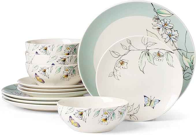 Oneida Dinnerware Set, Botanica 12-Piece Dinnerware Set, Service For 4, Porcelain Material, Dishwasher And Microwave Safe, Bowls, Plates And Bowls, Dinner Dishes, Plates, Home (White, 12 Piece)