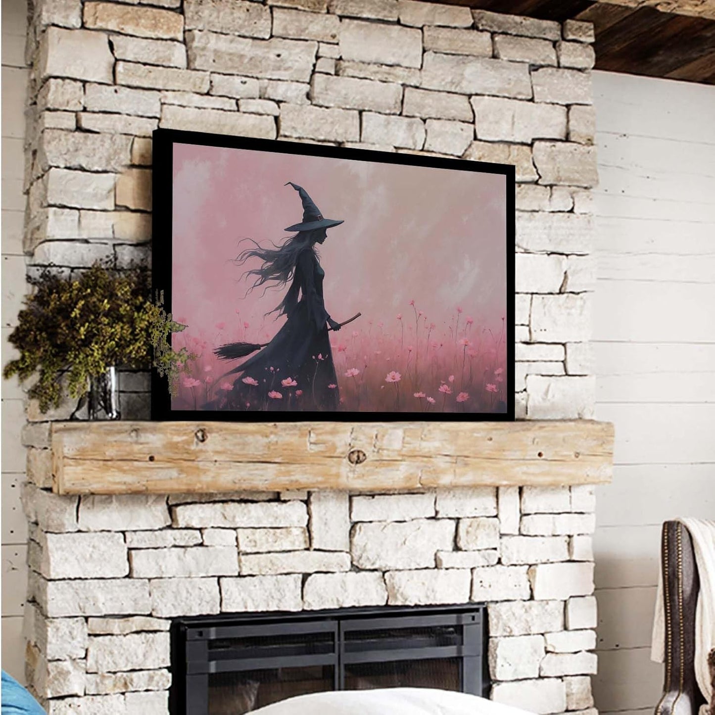 JFHCQJPK Witch in the pink sea of flowers Halloween prints weird flowers wall art silhouette painting fashionable romantic decoration suitable for bedroom8x12in Metal blackFramed