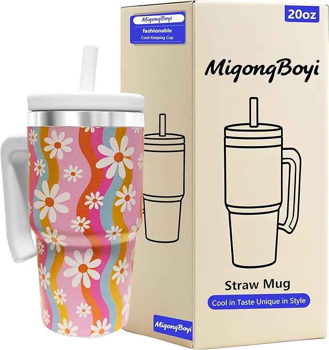 20-OZ Insulated Water Bottle,Insulated Stainless Steel Tumbler,Reusable Cold Drink Thermos,BPA-Free, Double-Wall Stainless Steel Water Bottle (Pink-Rainbow Flower, 20, Fluid Ounces)