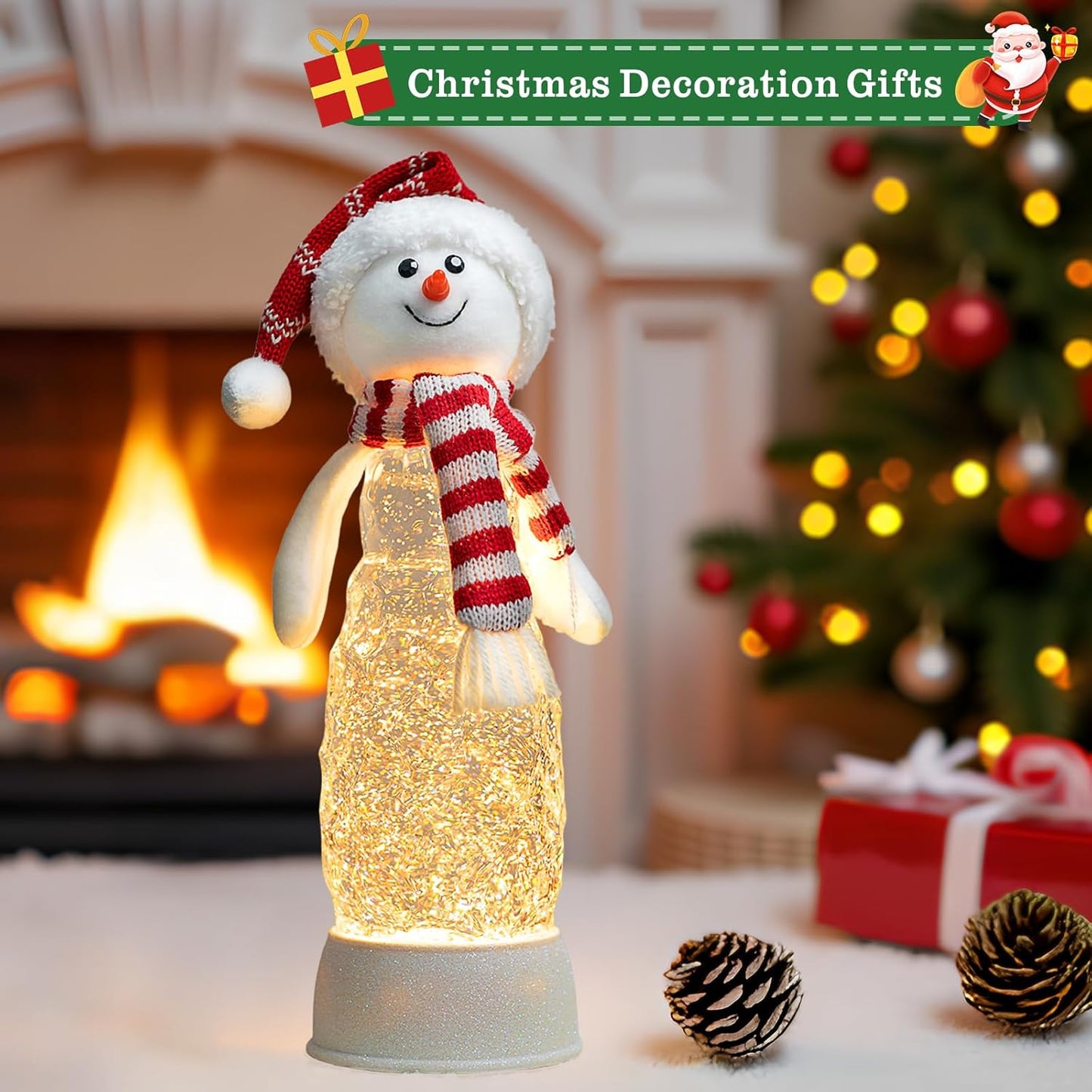 Christmas Snow Globes Lantern Musical Lighted Water Lantern Snow Globe Colorful Swirling Glitter Snowglobes with 6H Timer USB Operated Snowglobe Christmas Decoration for Home & Gift - Red Hat
