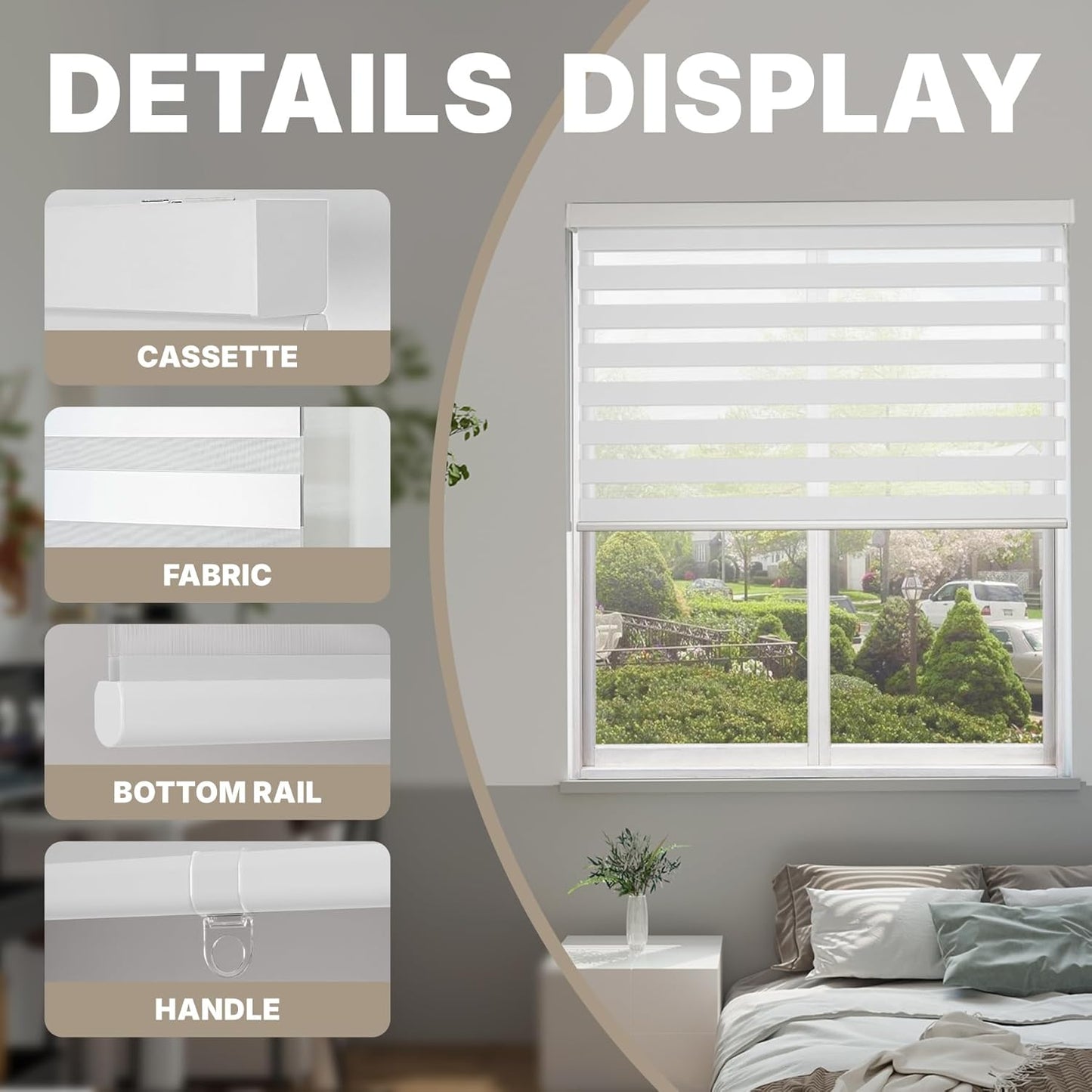 HESTIA Cordless Zebra Blinds Light Filtering Roller Shades Blackout Indoor Window Blind for Home Office,White,36" W x 48" H
