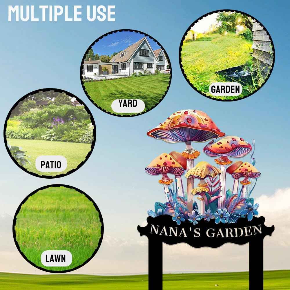 Custom Mushroom Garden Sign with Stake,Personalized Gardener Name Signs Yard Metal Art,Customized Gardening Housewarming Gifts Flowers Outdoor Decor,Butterfly Welcome Plaque for Outside Lawn Patio