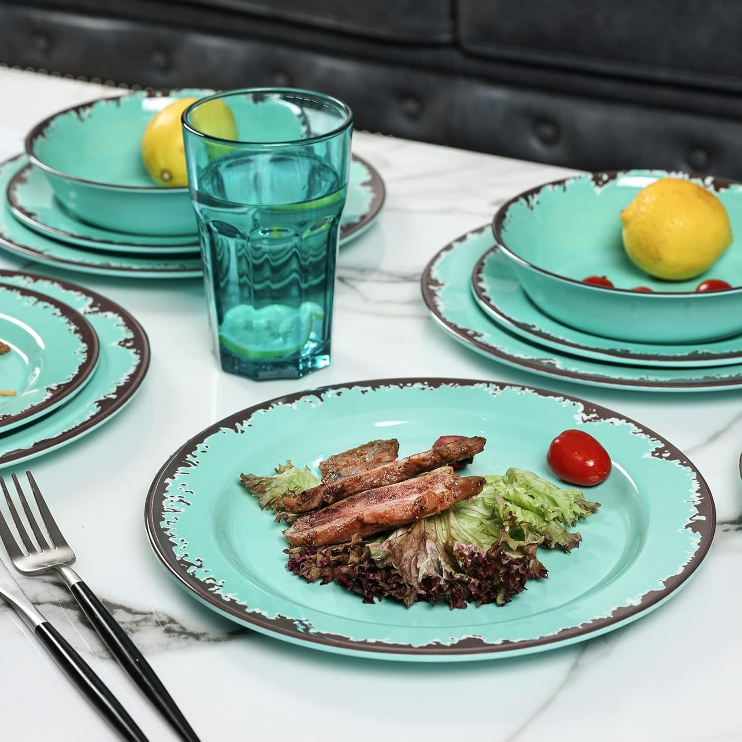 Rustic Melamine Dinnerware Set,12-Piece Plates and Bowls Sets,Yinshine Unbreakable Melamine Dish Set,Lightweight,Service for 4,Dishwasher Safe,Green