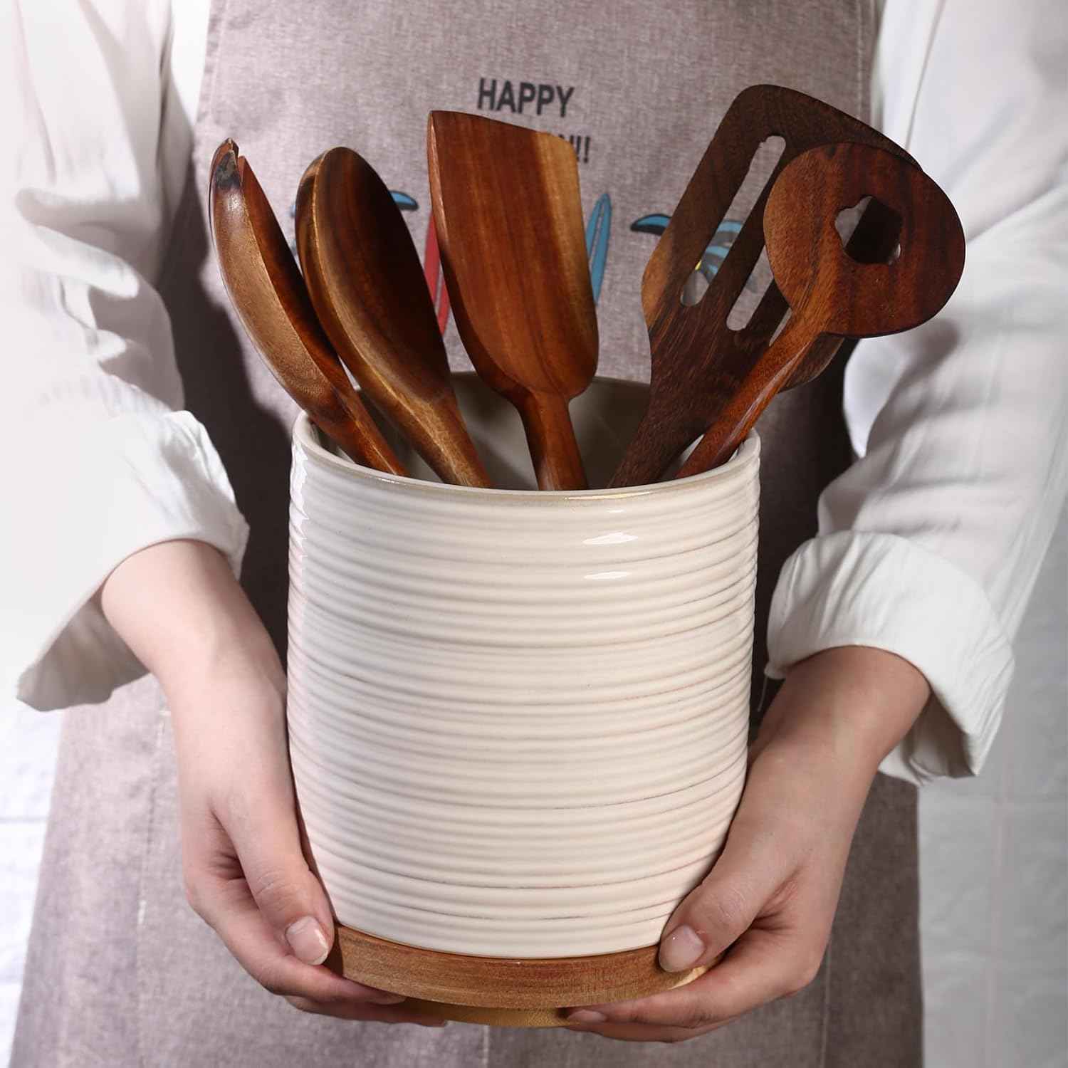 DOWAN 360° Rotating Extra Large Cooking Utensil Holder, 7.6" Kitchen Utensil Holder for Countertop, Utensil Crock for Farmhouse Kitchen Decor, Ceramic Stable Utensil Caddy, Soft White
