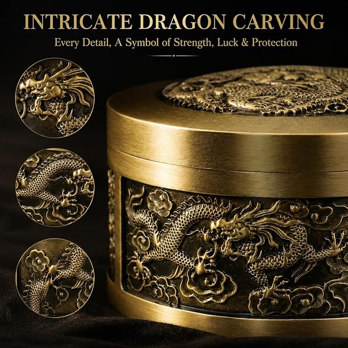 Solid Brass Decorative Bowl with Lid, Gold Metal Key Holder for Entryway Table, Small Catch All Jewelry Box for Rings & Trinkets, Dragon Carving Home Decor Brings Good Fortune