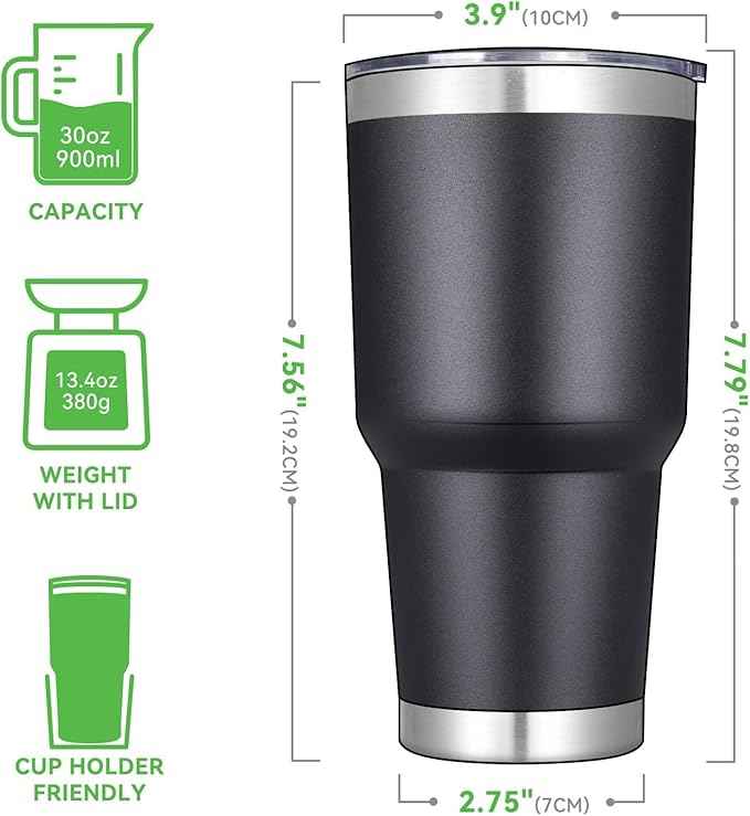 DOMICARE 30oz Tumbler Bulk with Lid and Straw, Double Wall Travel Coffee Mug, Insulated Vacuum Stainless Steel Tumblers, Powder Coated Tumbler Cup (Black, 8)