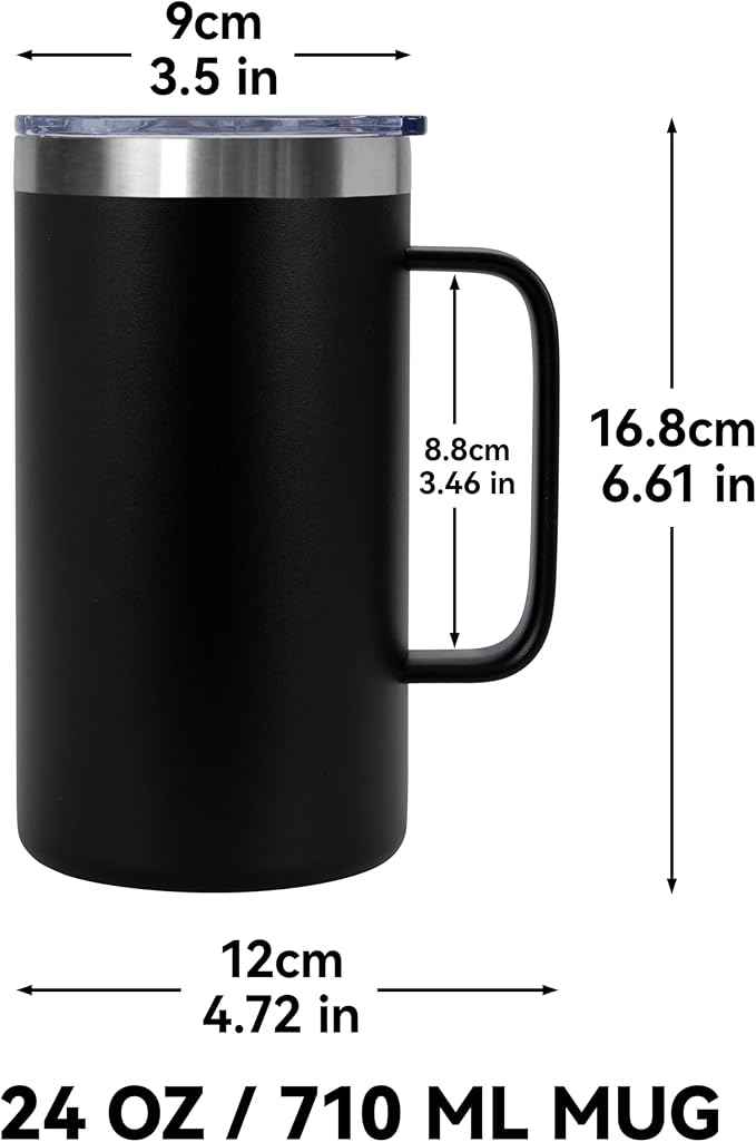 DOMICARE 24oz Mug with Handle and Lid, Stainless Steel Coffee Mug, Travel Mug with Handle, Double Wall Vacuum Coffee Tumbler, Reusable Insulated Cup, Black, Pack 8