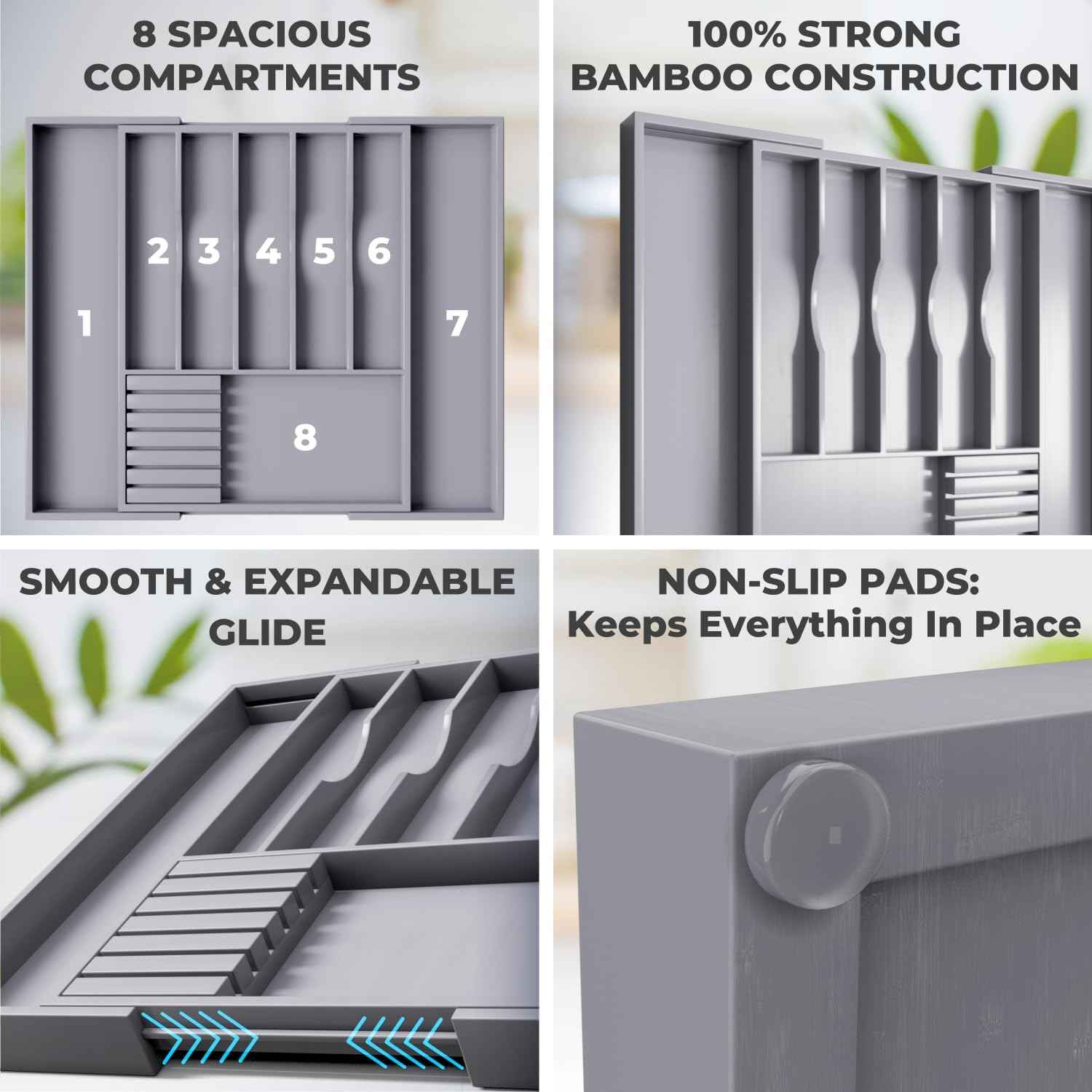 Premium Expandable Kitchen Drawer Organizer - 100% Bamboo Organizer Tray - Great for Silverware, Large Utensils, Flatware, Cutlery - 8 Compartments with Knife Block - Perfectly Fits Your Drawers