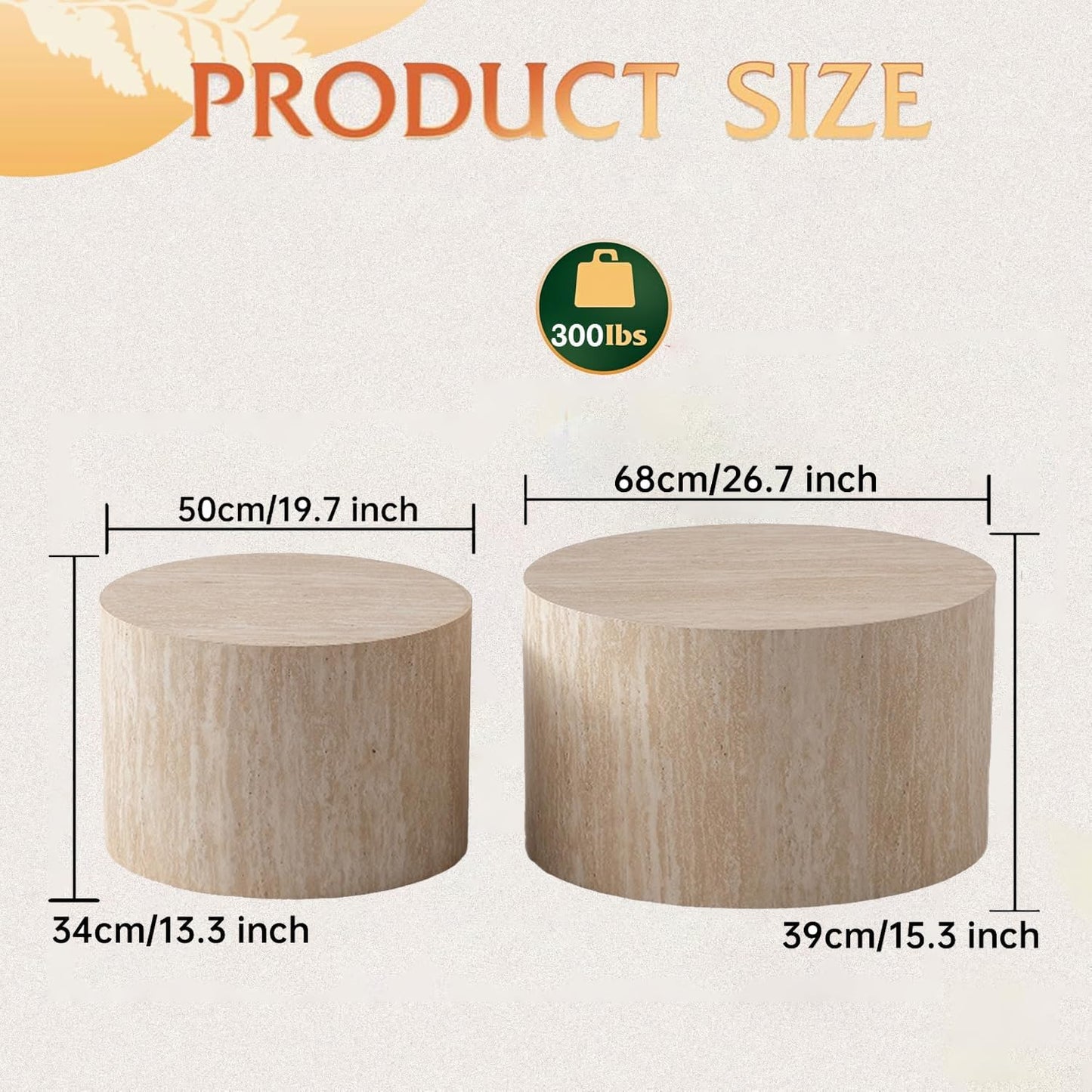 Round Nesting Coffee Table Modern Fluted Coffee Table Set of 2 Circle Drum Coffee Tables Small Round Accent Side End Table for Living Room No Assembly (Travertine 26in)