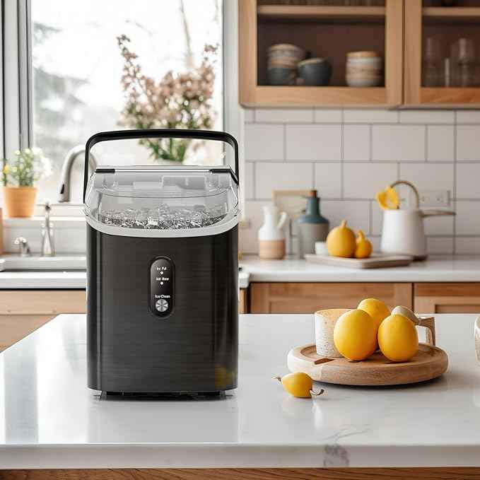 Antarctic Star Nugget Ice Makers Countertop with Self-Cleaning, 35lbs/24H, Portable Sonic Ice Maker Machine with Handle/Basket/Scoop for Home, Kitchen, Office, Camping(Stainless Steel Black)
