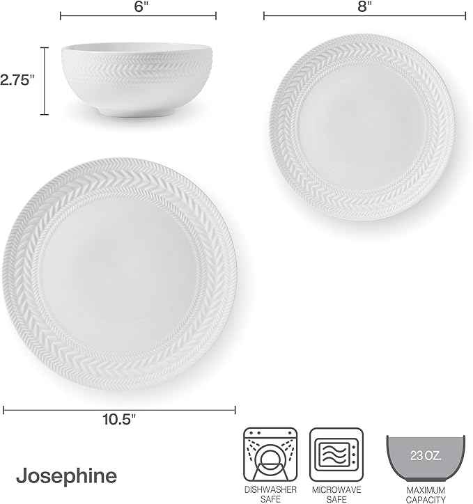 Pfaltzgraff Josephine 24-Piece Dinnerware Set, Porcelain Dish Set with Embossed Basket Weave Design, Service for 8, White Plates and Bowls Sets, Microwave and Dishwasher Safe