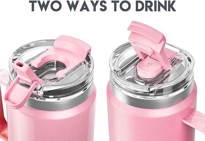 Meoky 32 oz Tumbler with Handle, Insulated Tumbler with Lid and Straw, Stainless Steel Travel Mug, 100% Leak Proof, Keeps Cold for 24 Hours or Hot for 8 Hours, Fits in Car Cup Holder (Flamingo)