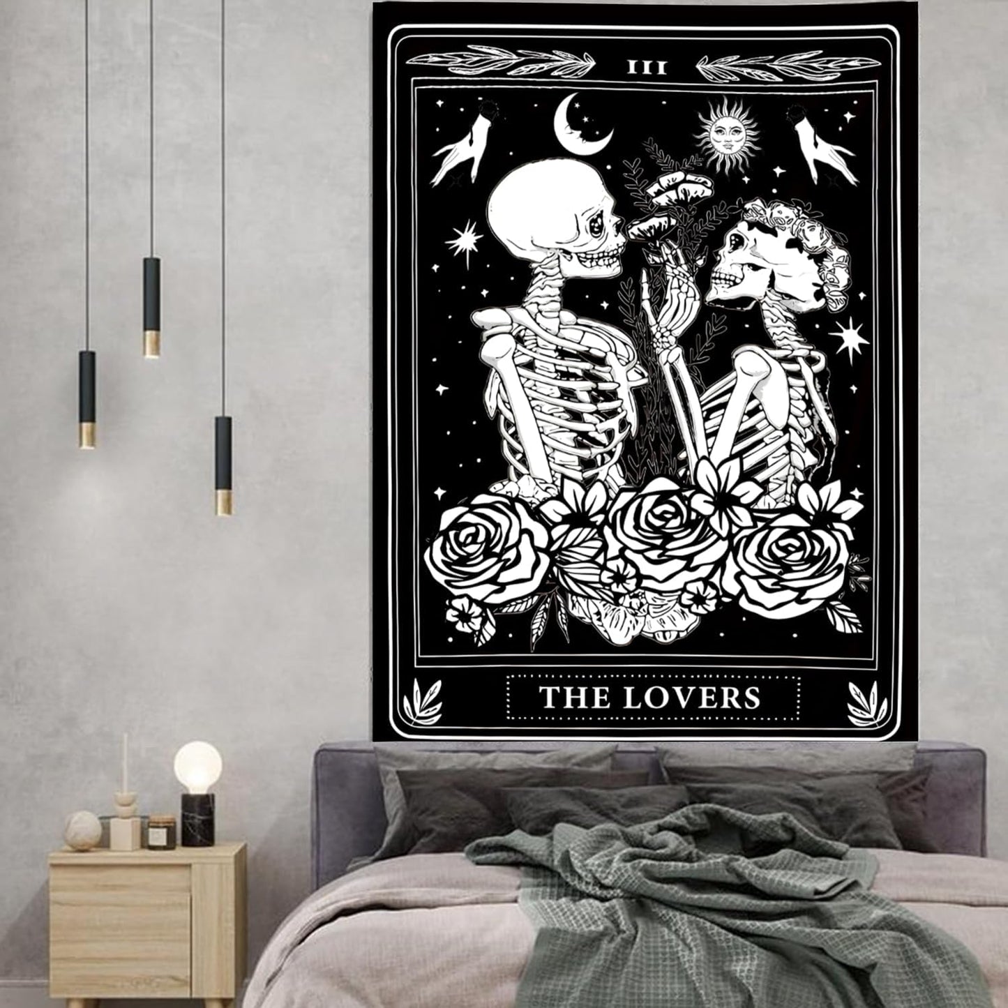 Onivein The Lovers Skull Tapestry Gothic Tapestry Vertical Black and White Skeleton Gothic Witch Sun Moon Floral Plant Snake Tapestries Wall Hanging Decor for Bedroom Dorm Room 30 x 40 Inches