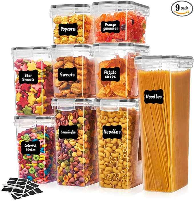 9 PCS Airtight Food Storage Containers with Lids, BPA Free Clear Plastic Kitchen and Pantry Organization and Storage Set for Flour, Sugar, Cereal, Pasta, Includes 9 Labels and Marker
