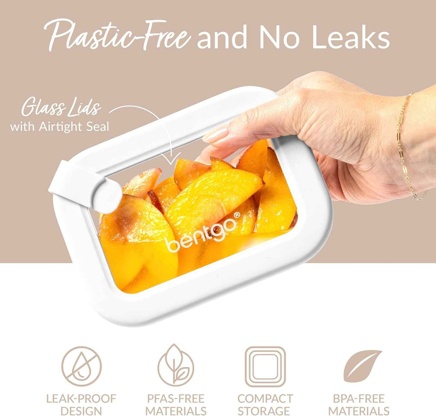 Bentgo Signature Leak-Proof Glass Food Storage - 8-Piece Set, 1-Compartment Plastic-Free Containers with Airtight Glass Lids, BPA-Free, Microwave, Freezer, Oven & Dishwasher Safe (White Stone)