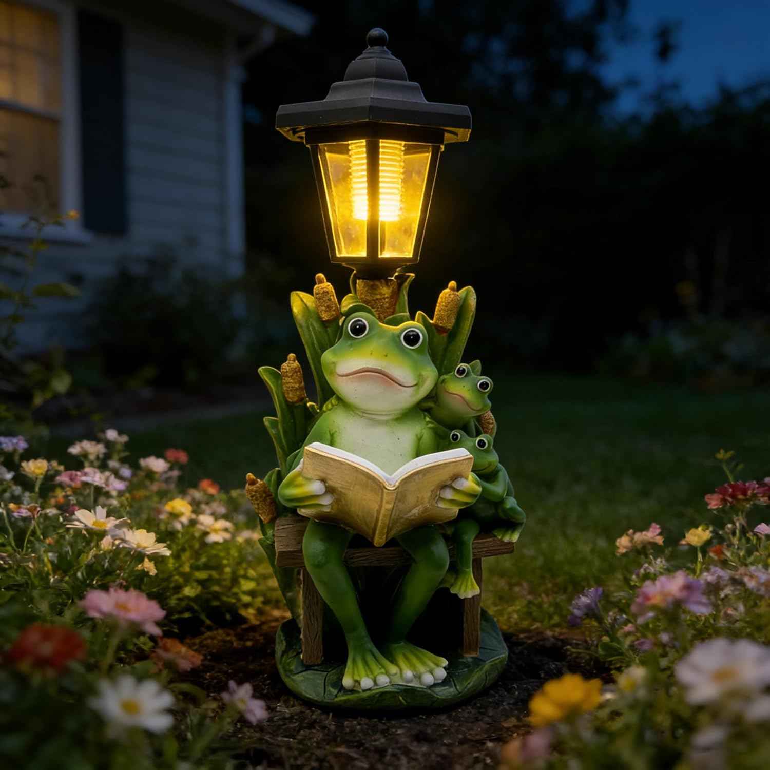 Solar Frog Garden Statue for Outdoor Decor with Lantern - Lawn Decoration 16“ Tall Frog Figurine Lights for Patio, Yard, Porch Ornament - Valentine's Day Gifts for Mom, Grandma, Women