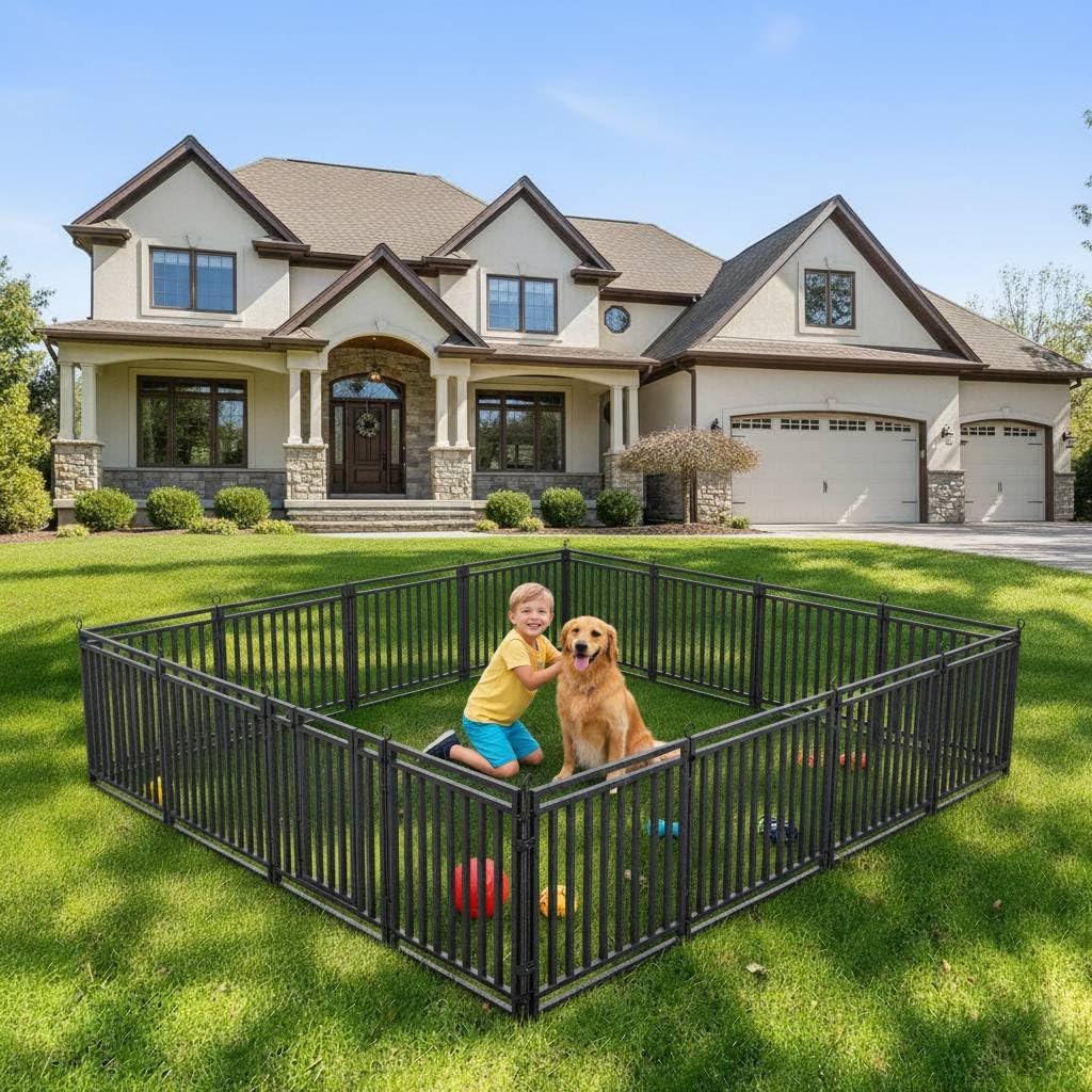 Dog Playpen 47 Inch Height 16 Panels Dog Fence Outdoor Indoor Metal Dog Pen for Large/Medium/Small Dogs for Yard Camping and RV | Black-Silver