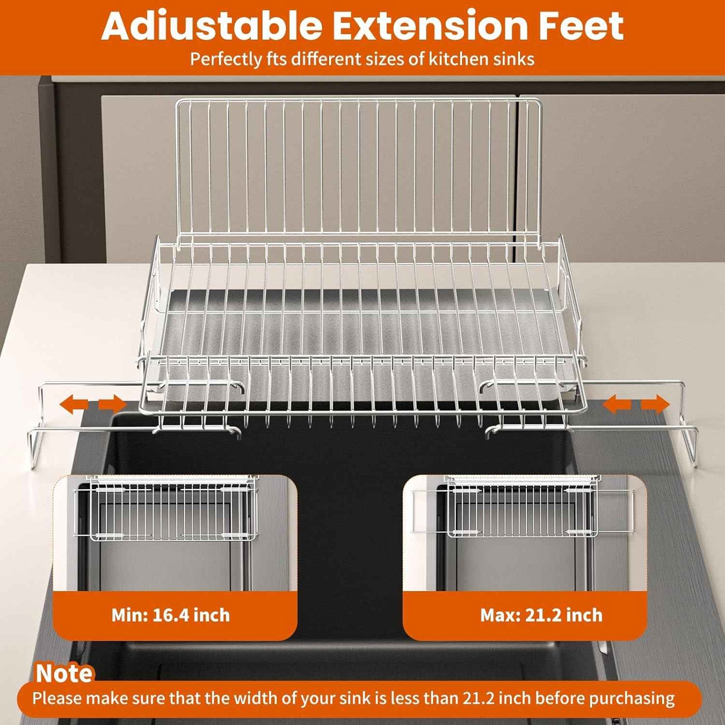Dish Drying Rack - Stainless Steel Expandable Large Dish Drainer for Kitchen Counter, with Stainless Drain Board Rustproof Collapsible Organizer Space Saving