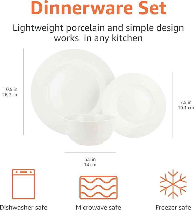 Amazon Basics Porcelain Dinnerware Set, Microwave and Dishwasher Safe, Service for 6, 18-Piece, Plates, Bowls, White