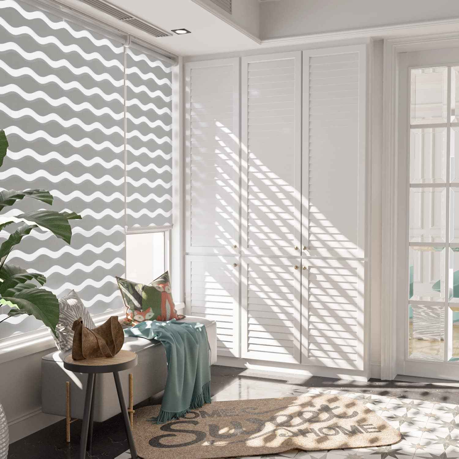 LazBlinds No Drill Cordless Zebra Blinds for Indoor Windows, Dual Layer Light Control Roller Shades for Day and Night, Light Filtering Sheer Shades for Home, 22" W x 48" H, Stone Grey