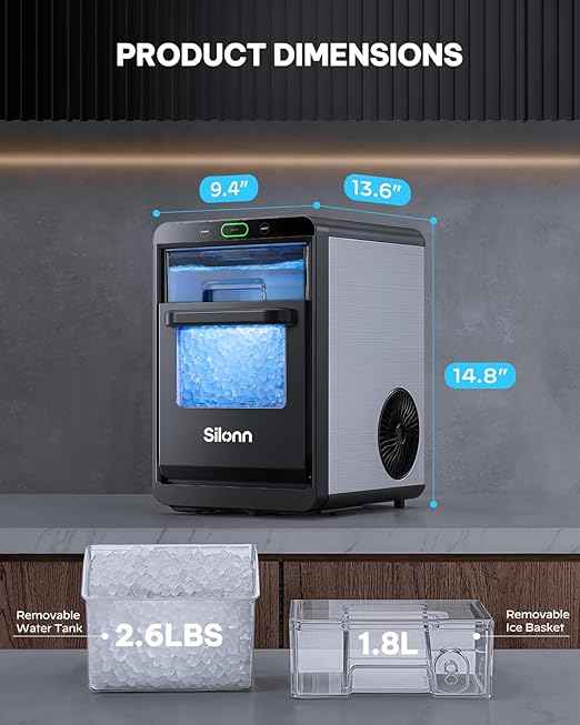Silonn Nugget Ice Maker Countertop - 44lbs/24h Crushed/Pebble Ice Machine, Front Pull-Out Water Tank & Removable Basket, Stainless Steel Finish for Home Kitchen