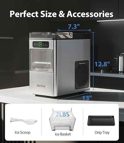 Nugget Ice Maker 40lbs/Day, Countertop Ice Maker Soft Chewable Ice, Ice Makers One-Click & Self-Cleaning, Crushed Pellet Ice Machine with Scoop&Basket for Home/Kitchen/Office, Stainless Silver