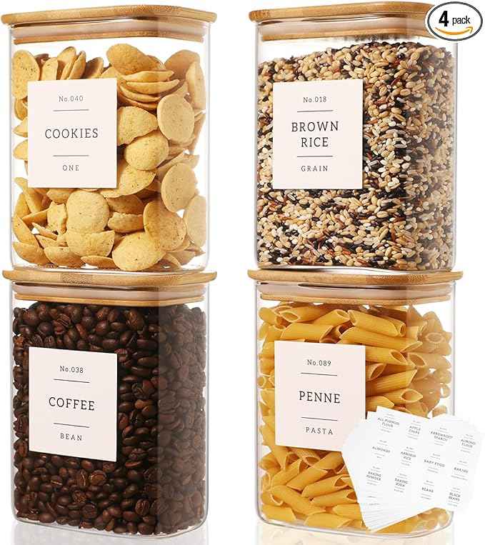 4 Pack Square Glass Pantry Storage Containers with 132 Kitchen Food Pantry Labels - 34 floz Clear Glass Pantry Jars with Airtight Wood Bamboo Lids - Glass Canisters for Tea, Cereal, Coffee, Spice