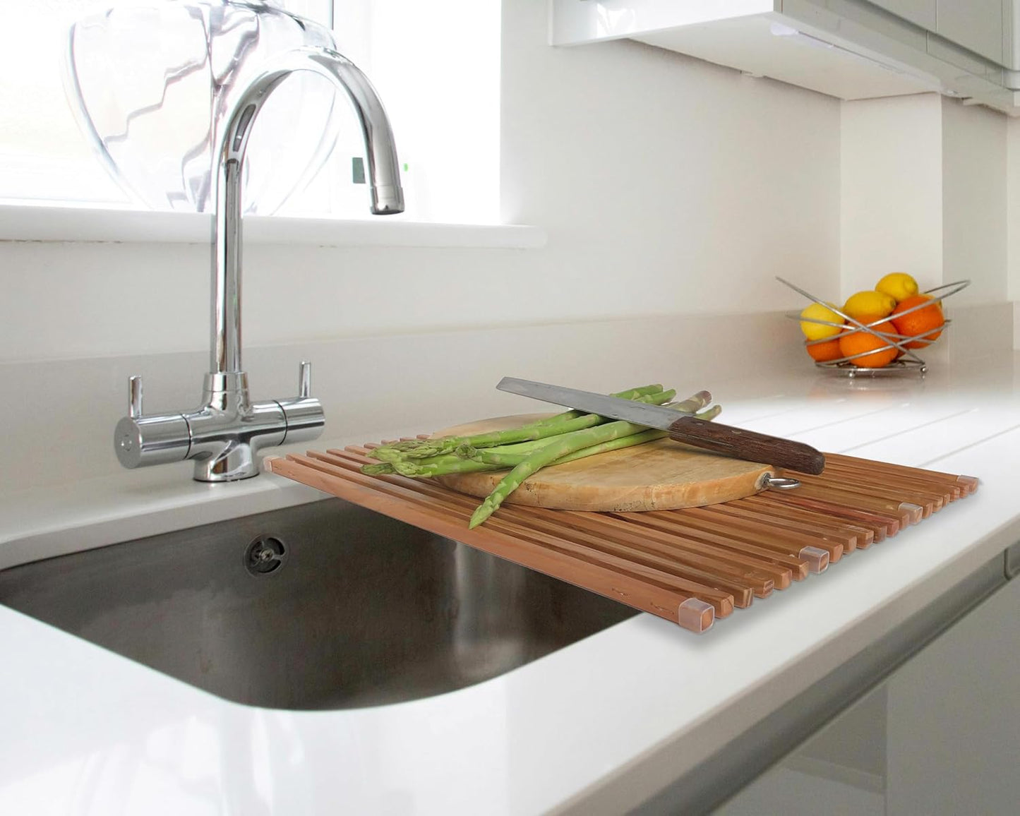 Roll Up Wooden Drying Rack Over The Sink Kitchen, Cover Sink Dry Dishes Bowl Spoon Quickly, Aesthetics and Finishes Coating, Neat Design Stain-Resistant Easy to Dry (Natural Wood color)