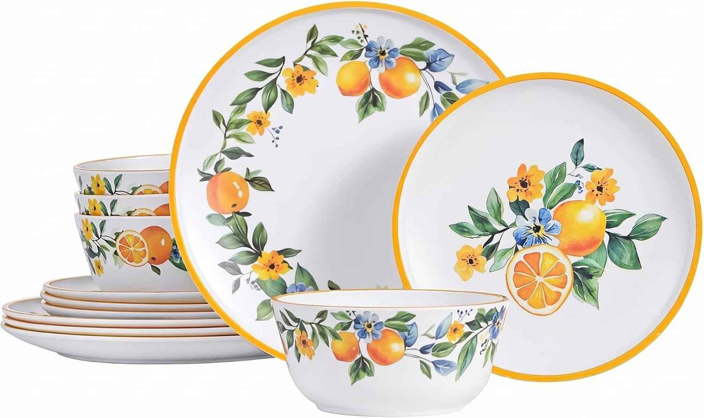 Melamine Dinnerware Set 12 Piece for 4, Lemon Floral Pattern Shatterproof Plates and Bowls Set, Lightweight Dish Set for Busy Households & Outdoor Dining, Stackable, BPA-Free