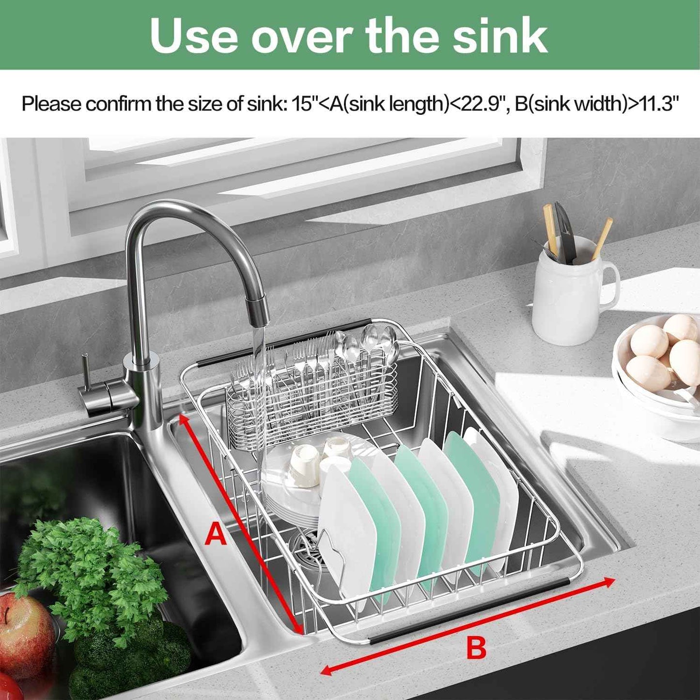 Fanbsy Large Dish Drainer Rack in Sink Adjustable, Expandable 304 Stainless Steel Metal Dish Drying Rack Organizer with Stainless Steel Utensil Holder Over Inside Sink Counter, Rustproof