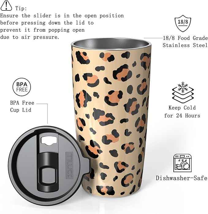 TILUCK 20 oz Insulated Tumbler with BPA-Free Lid, Stainless Steel Vacuum Travel Coffee Mug, Double Wall Coffee Tumbler（20oz，Leopard）