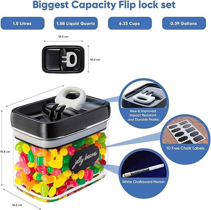 Chef's Path - Airtight Storage Boxes Set - 10 Labels and Markers - Kitchen and Pantry Storage - BPA Free - Plastic Storage Boxes with Upgraded Lids (6 Pieces - 1.5L)