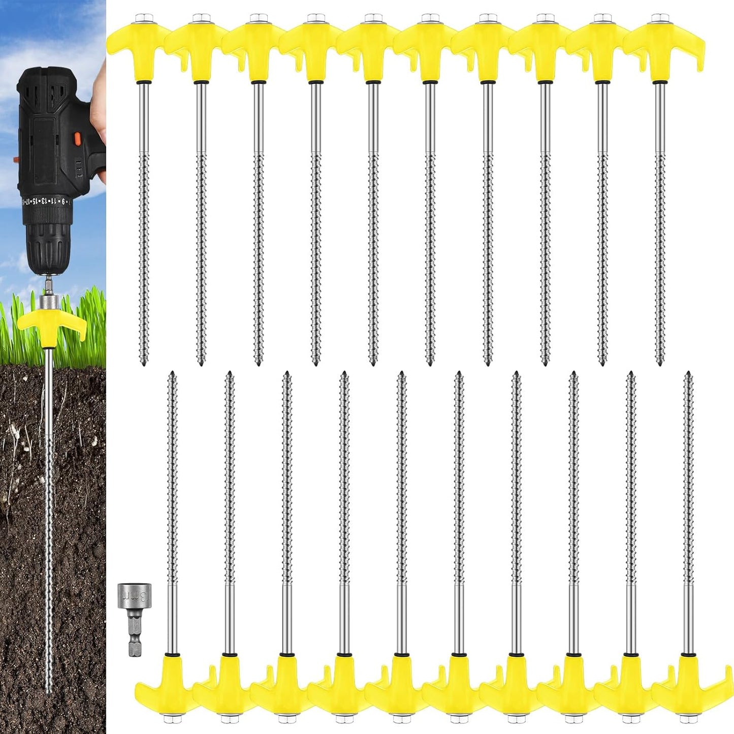 Hicarer 20 Pcs 20 Pcs 8'' Screw in Tent Stakes Heavy Duty Ground Metal Stakes for Inflatables with Hex Head Driver for Outdoor Camping Tent Inflatable Garden Decor (Yellow)