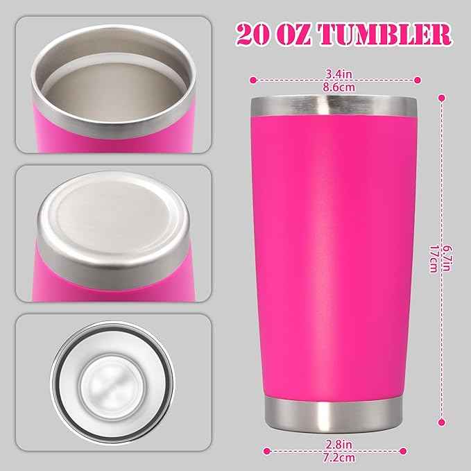 20 oz Tumbler with lid Double Wall Vacuum Insulated Tumblers Stainless Steel Coffee Mug Travel Coffee Tumbler Powder Coated Tumbler Cup Keep Hot&Cold - (Hot Pink 6 Pack)