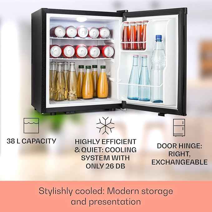 KLARSTEIN Happy Hour Mini Fridge for Bedroom, Small Fridge for Drink and Food, Small Fridge Indoor Lighting, Adjustable Shelves, for Rooms, Office, Camping, 6-18°C, 38L
