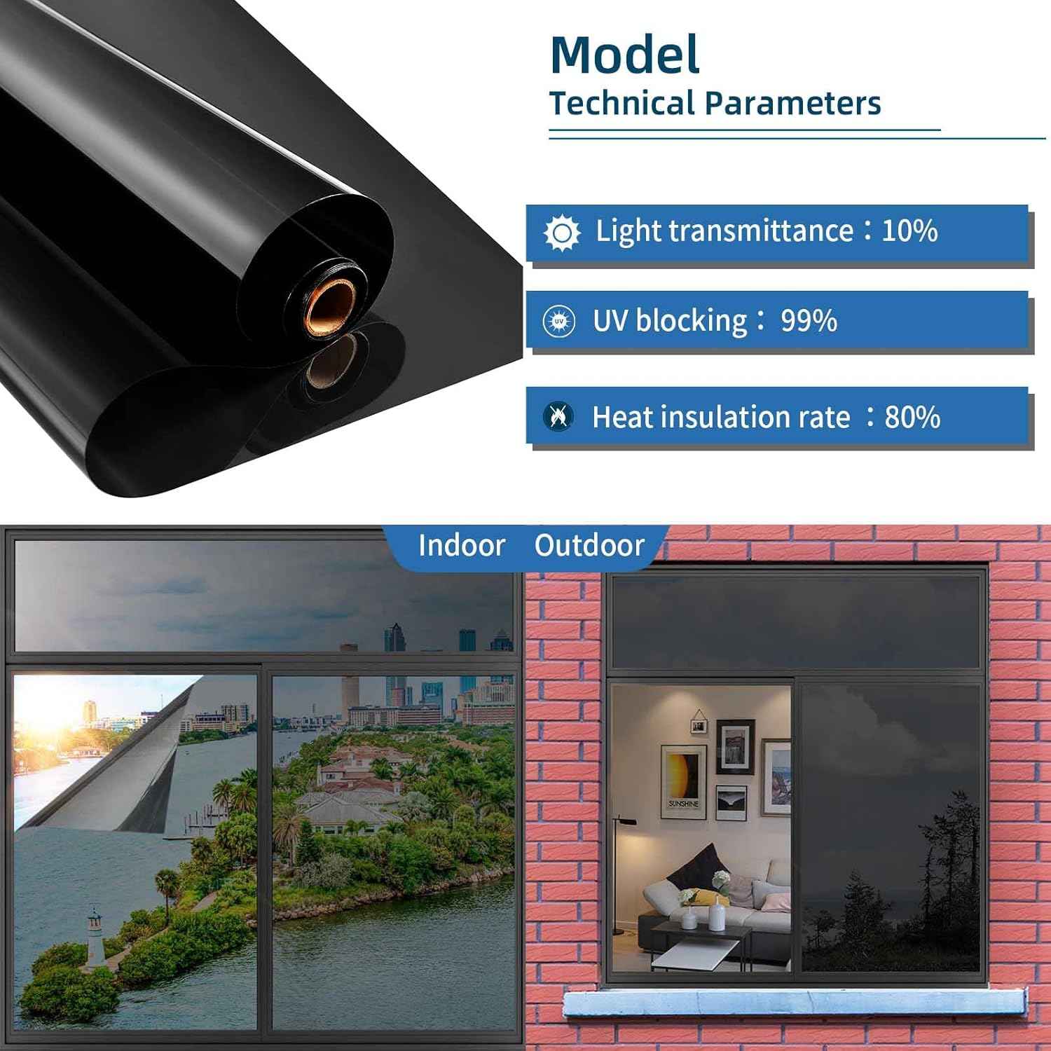 One Way Window Privacy Film with Tools, Heat Control Window Tint for Home, Explosion-Proof Premium PET Material Sun Blocking Anti UV Reflective Window Film, Cosmic Black,23.6 Inch x 6.5 Feet