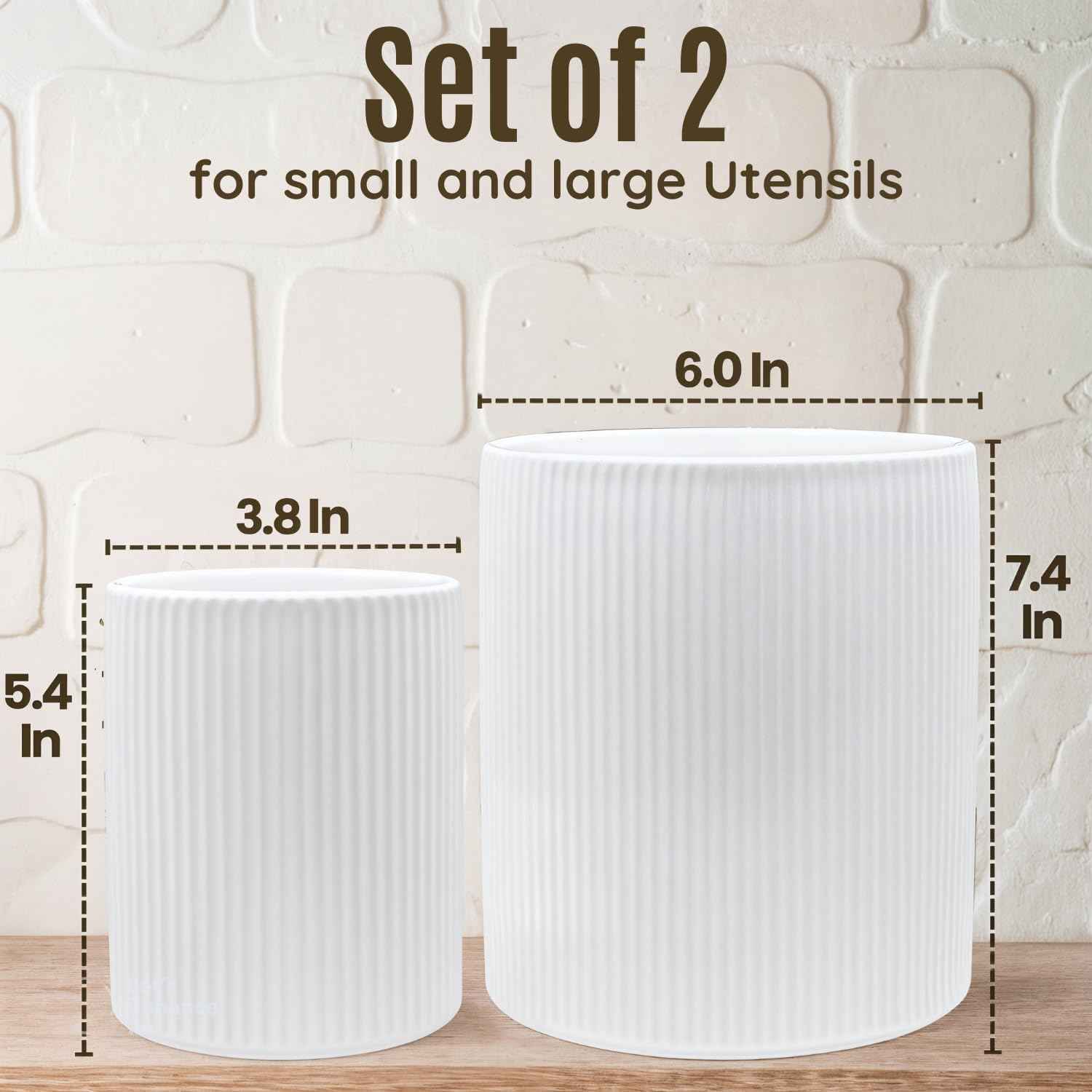 2 Pack Ceramic Utensil Holder, 7.3"+5.4" Large kitchen utensils holder for Countertop, 360° Rotating Cooking Utensil Crock for Kitchen Counter with Detachable Wooden Base, Kitchen Décor