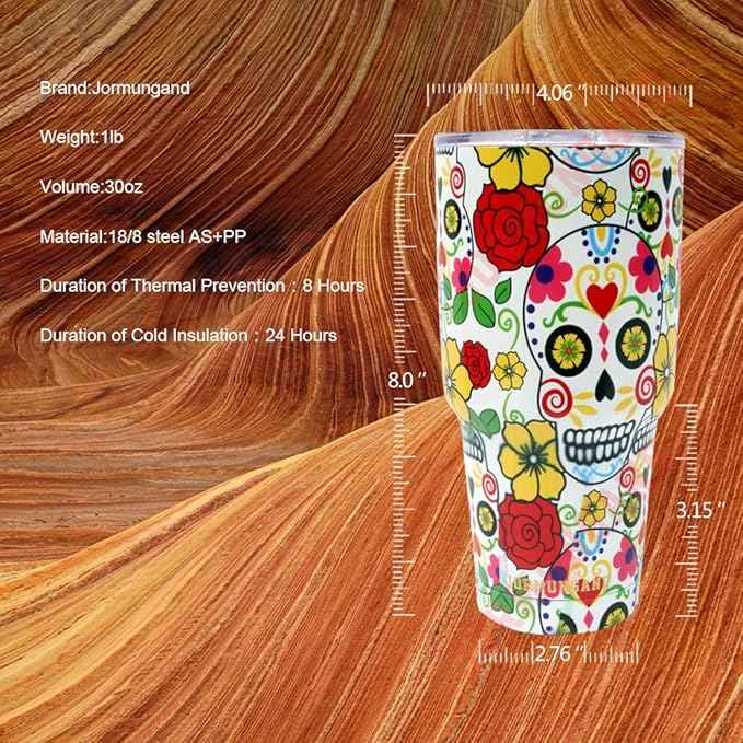 Jormungand 30 oz Tumbler Stainless Steel Vacuum Insulated Travel Mug with Leak Proof Lid Double Wall Coffee Cup Water Bottle for Cold Beverages 30oz tumbler Sugar Skull
