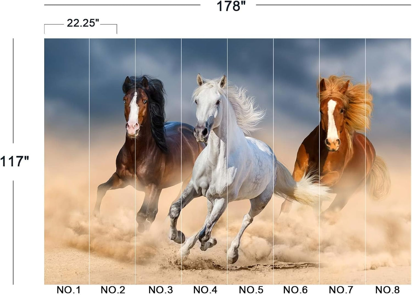 Three Running Horses Chinoiserie Wall Mural Wallpaper for Bedroom 178" x 117"